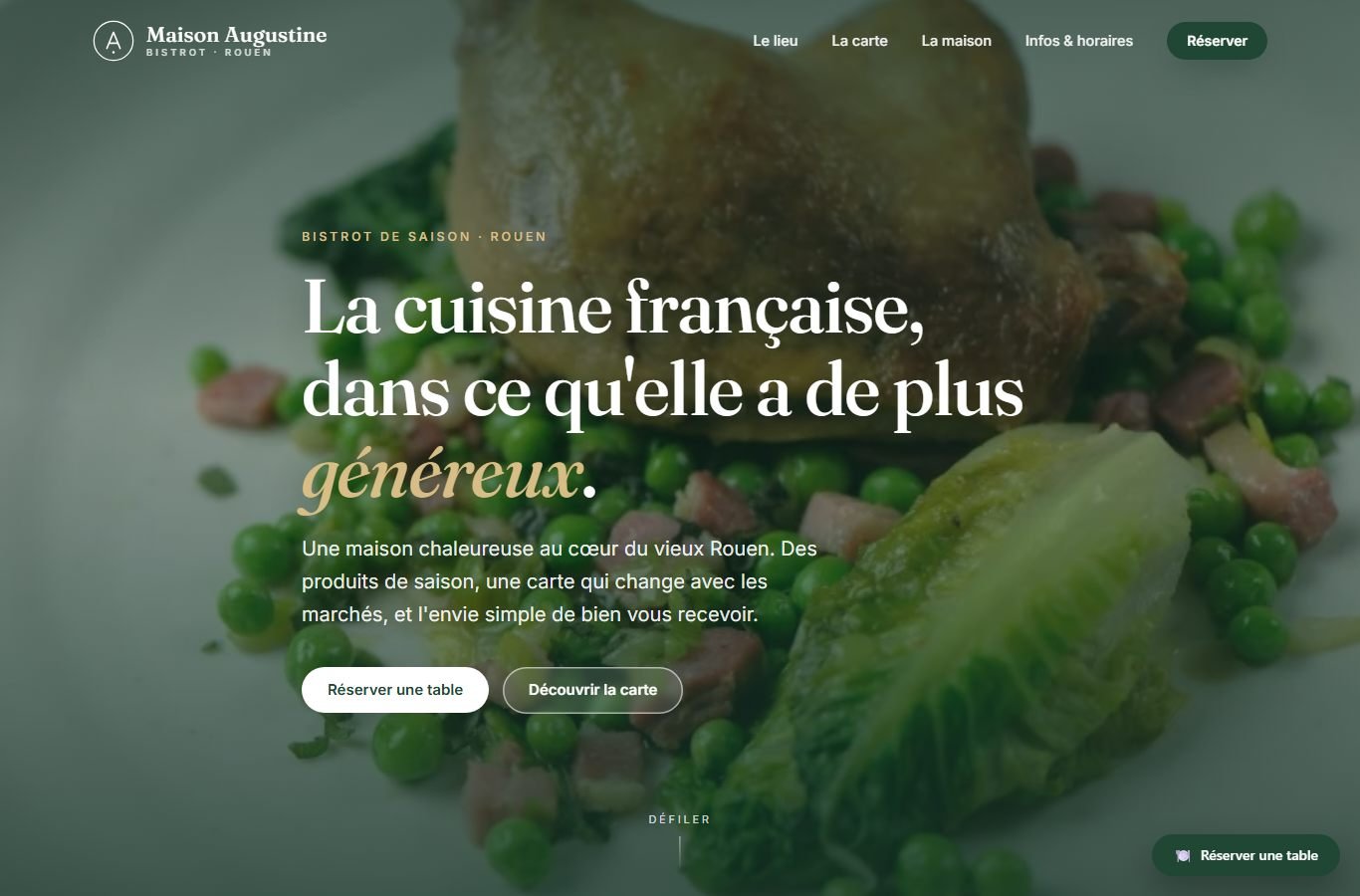 Aperçu du site Maison Augustine avec le bouton de réservation ResaResto en bas à droite